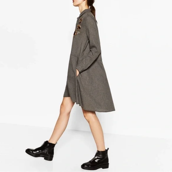 Zara Embroidered Swing Tunic Shirt Dress Size Large Grey Flannel Fall Shacket - Picture 5 of 15